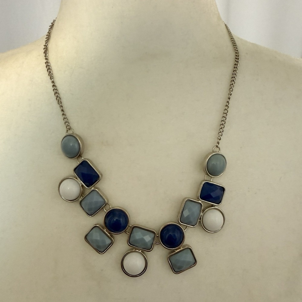 Charming Charlie 80s Style Necklace Statement Silver Tone Blue White Gray Gems